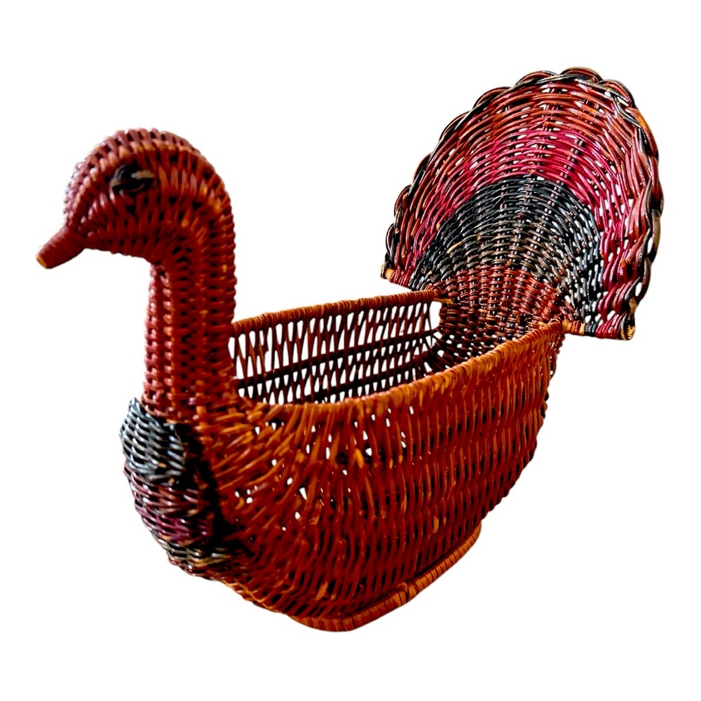 Vintage Turkey Wicker Basket Bread Bun Holder Holiday Thanksgiving Decor